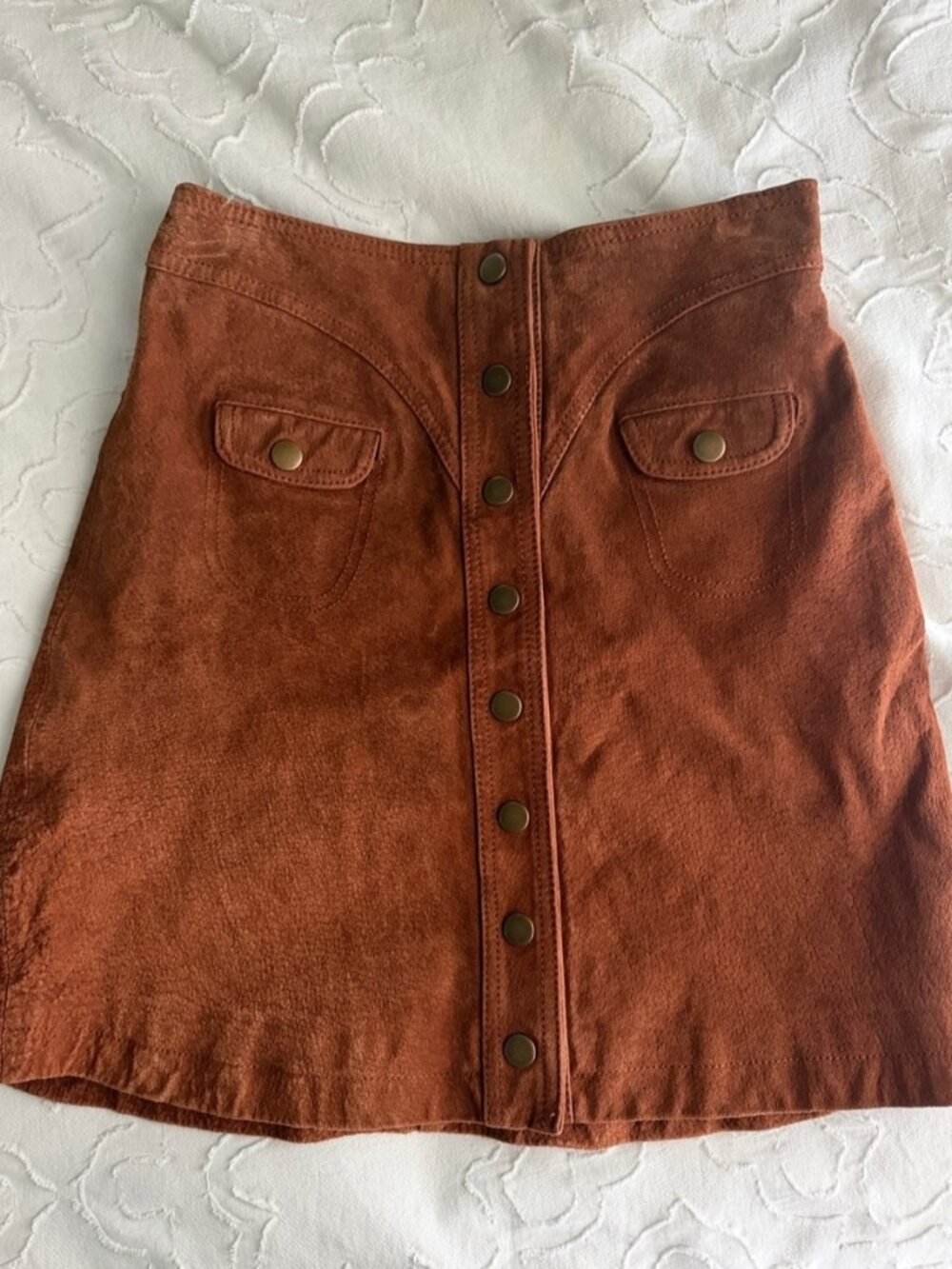 🥰Rust Button-Front Mini Skirt with Flap Pockets Suede / Leather